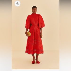 Farm Rio Red Guipure Cut Out Midi Dress
